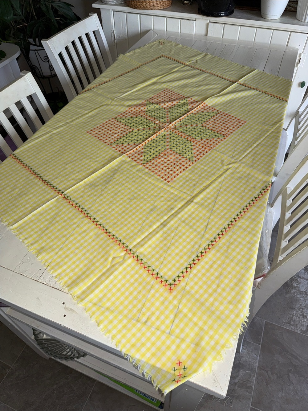 Orange,white, greenVintage 1960-70s Embroidered Star Gingham Tablecloth square